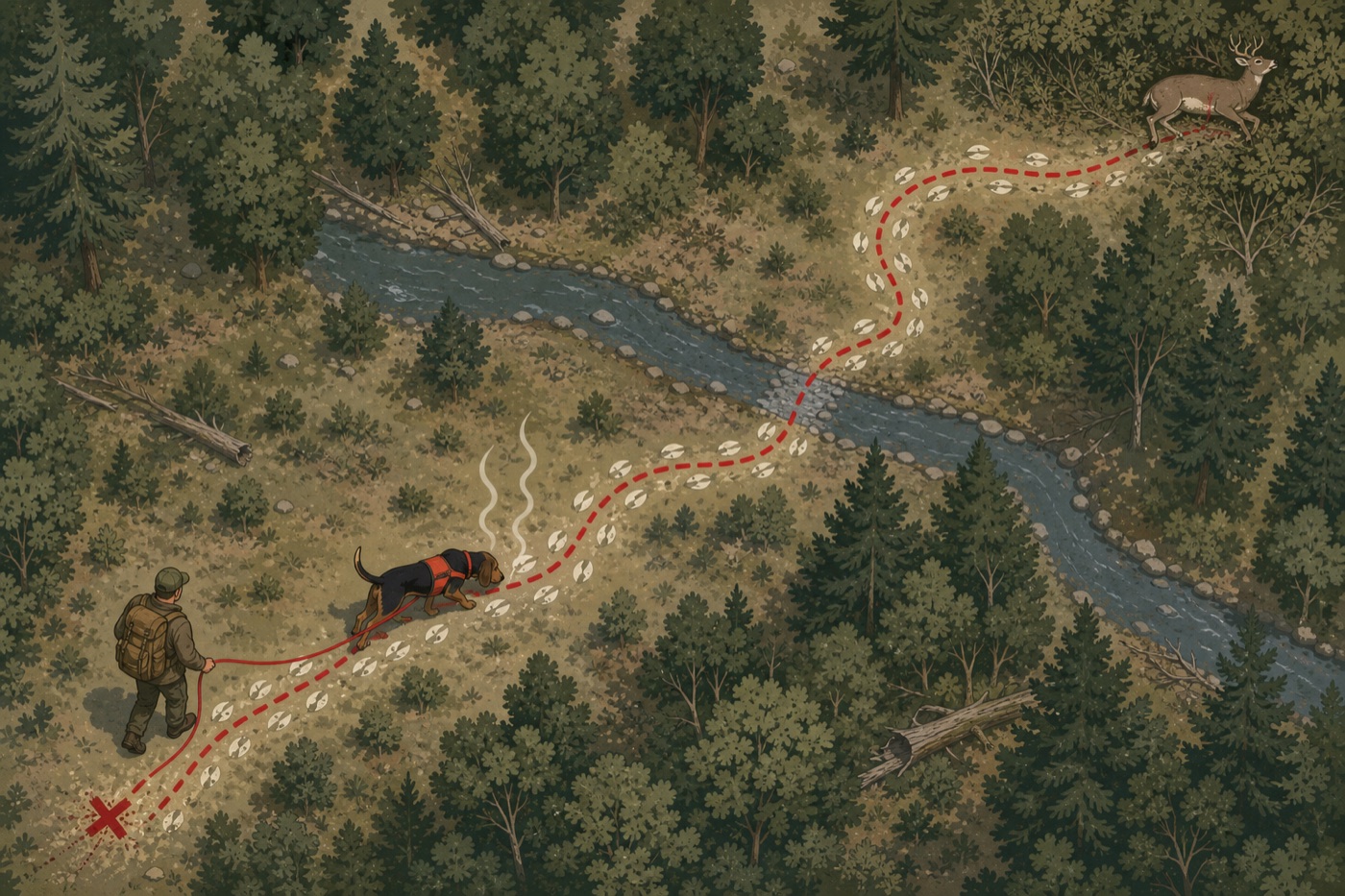 Aerial view of a tracking dog on a lead and its handler following a wandering deer hoof-print trail from the shot site to the downed deer.