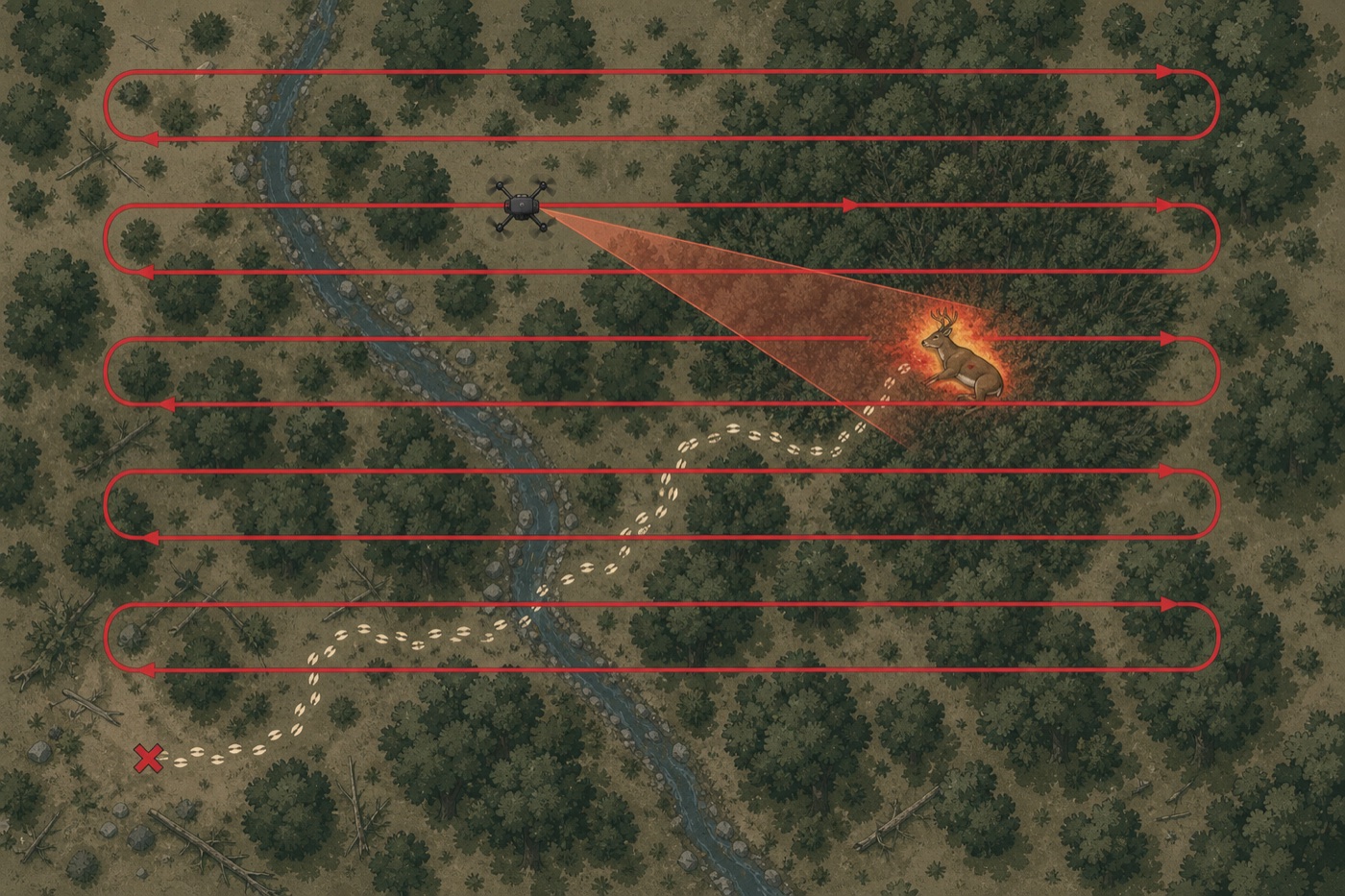 Aerial view of a drone flying a back-and-forth grid over the woods, its thermal camera cone highlighting a hidden deer.